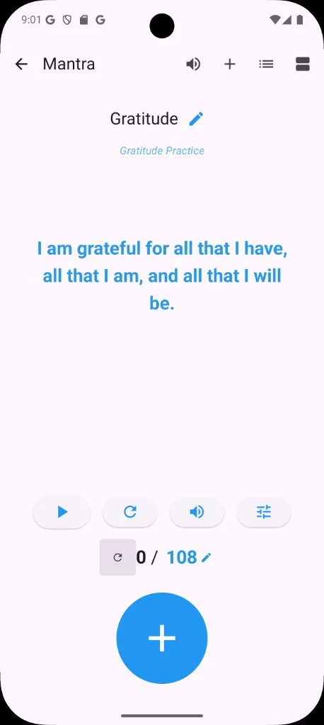 Aplicativo Mantra Breath em um telefone: prática de gratidão com um mantra personalizado, contador mostrando 0 de 108 repetições e grande botão de tocar para contar