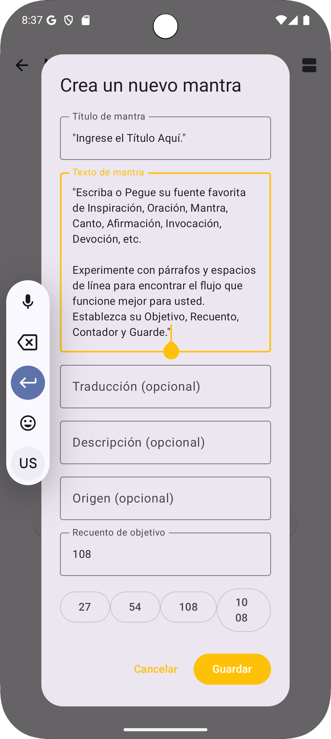 App Mantra Breath - Crear Mantra Personalizado