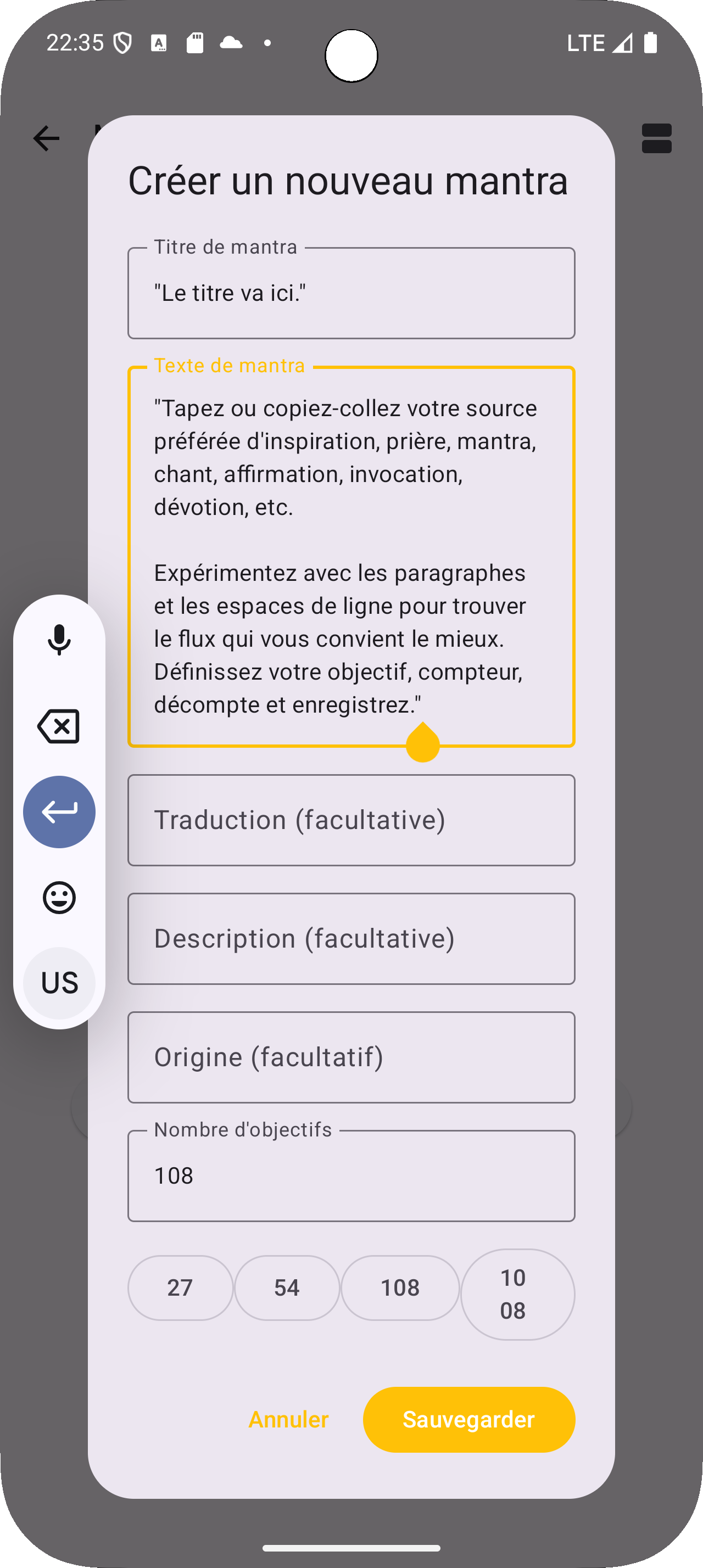 Mantra Breath App - Créer Mantra Personnalisé