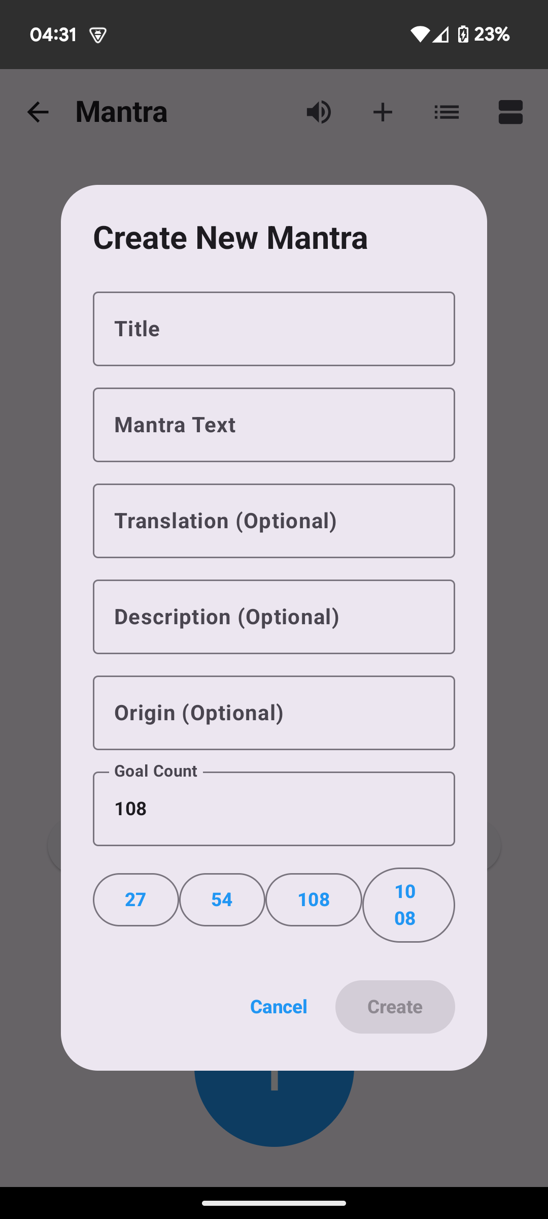 Mantra Breath App Gränssnitt
